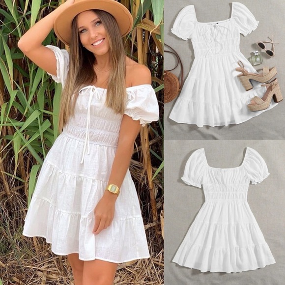 Milkmaid boho dress puff sleeve short shirred - Picture 4 of 12